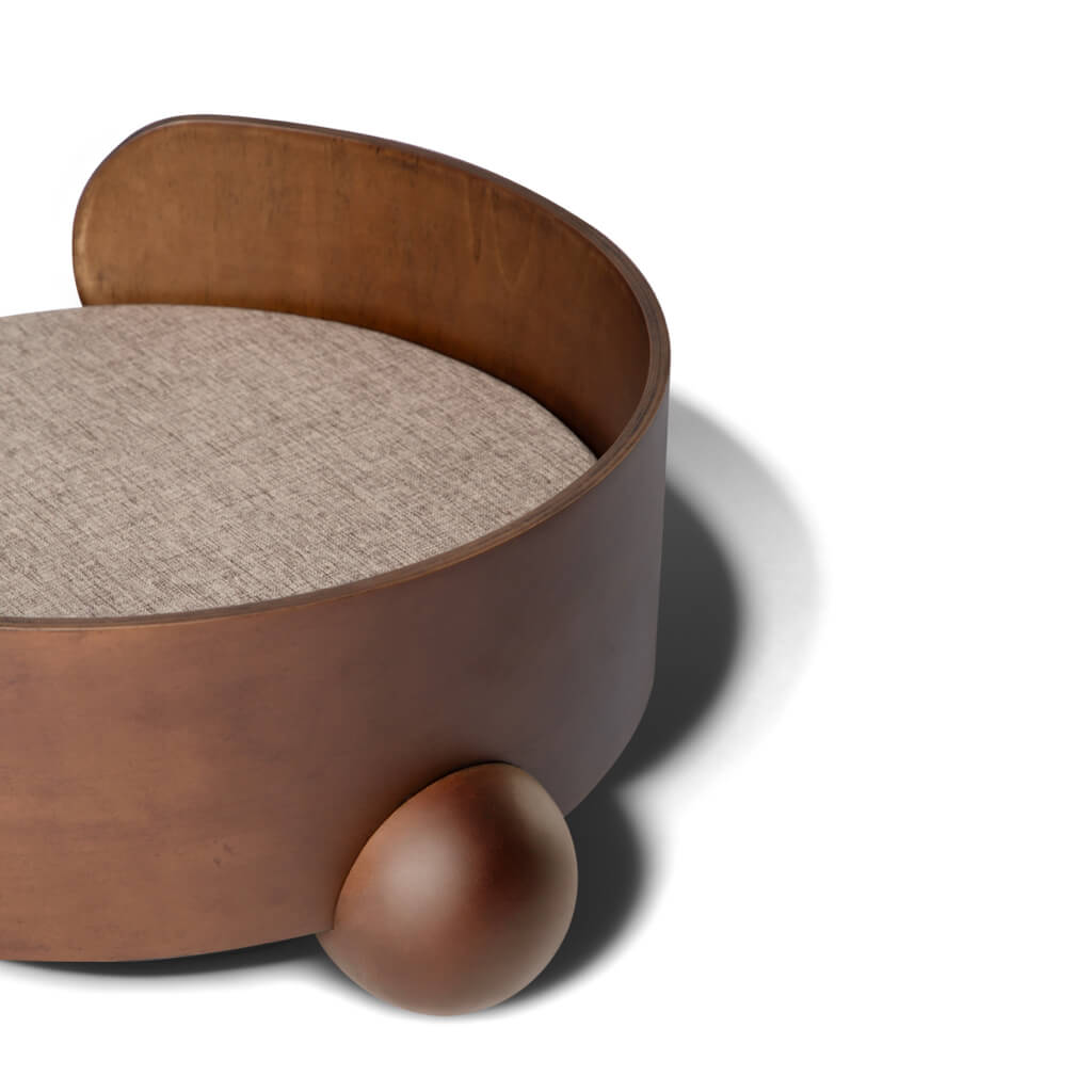 Close-Up of Brown Wooden Pet Lounger and Cushion – Detailed view showcasing the high-quality wood grain and plush sleeping surface for cats and small dogs.