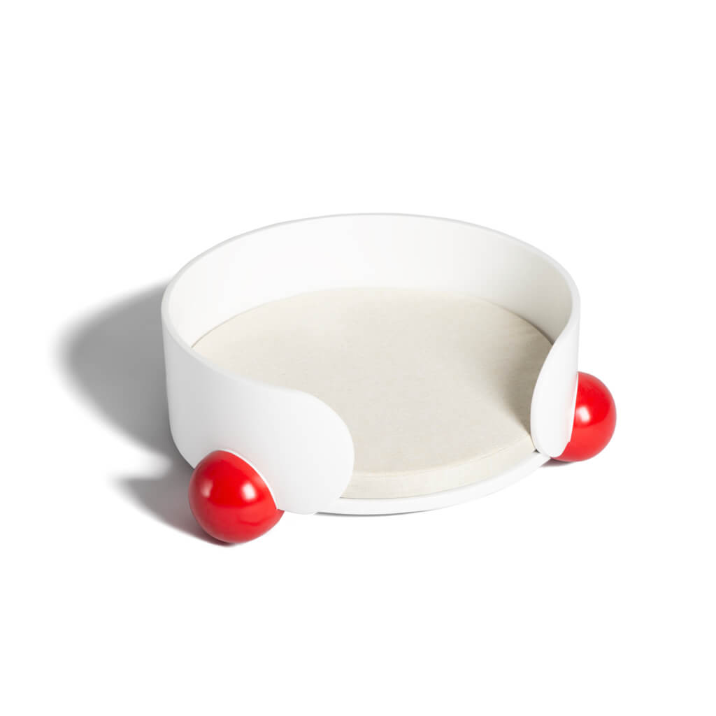 Chic White & Red Cat Bed with Wraparound Design – Stylish pet furniture that enhances home decor while offering a snug, comfortable resting spot for pets.