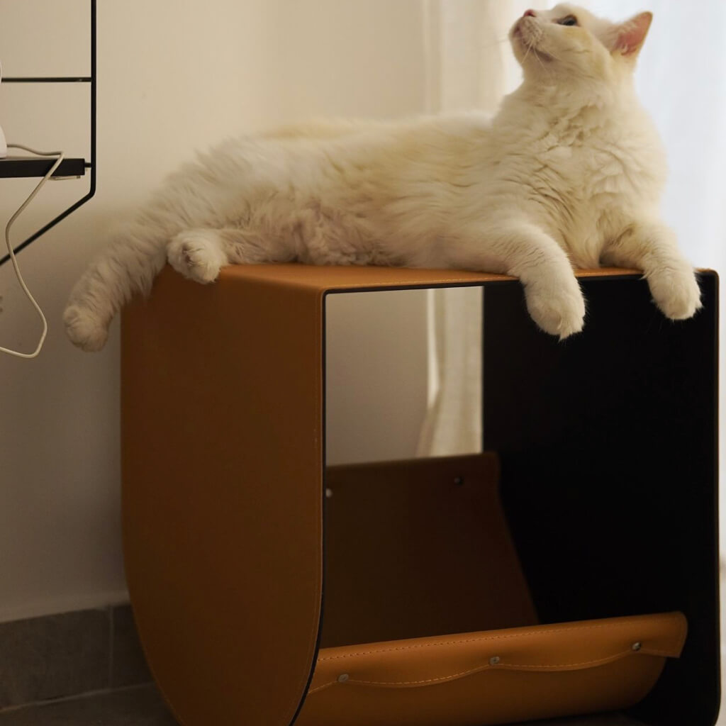 Multi-functional cat cave and side table in rich saddle leather, offering a cozy retreat for cats and a sleek accent piece.