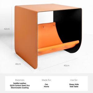 Elegant saddle leather and carbon steel cat cave with a durable electrostatic coating, ensuring longevity and luxury.