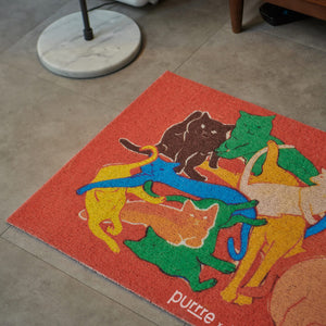 Close-up of the Purrre Cat Illustration Floormat displaying the bright, colorful cat illustrations.