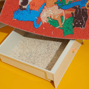 Shaking litter from the Purrre Cat Illustration Floormat into a tray, showcasing the mat’s litter-trapping design.
