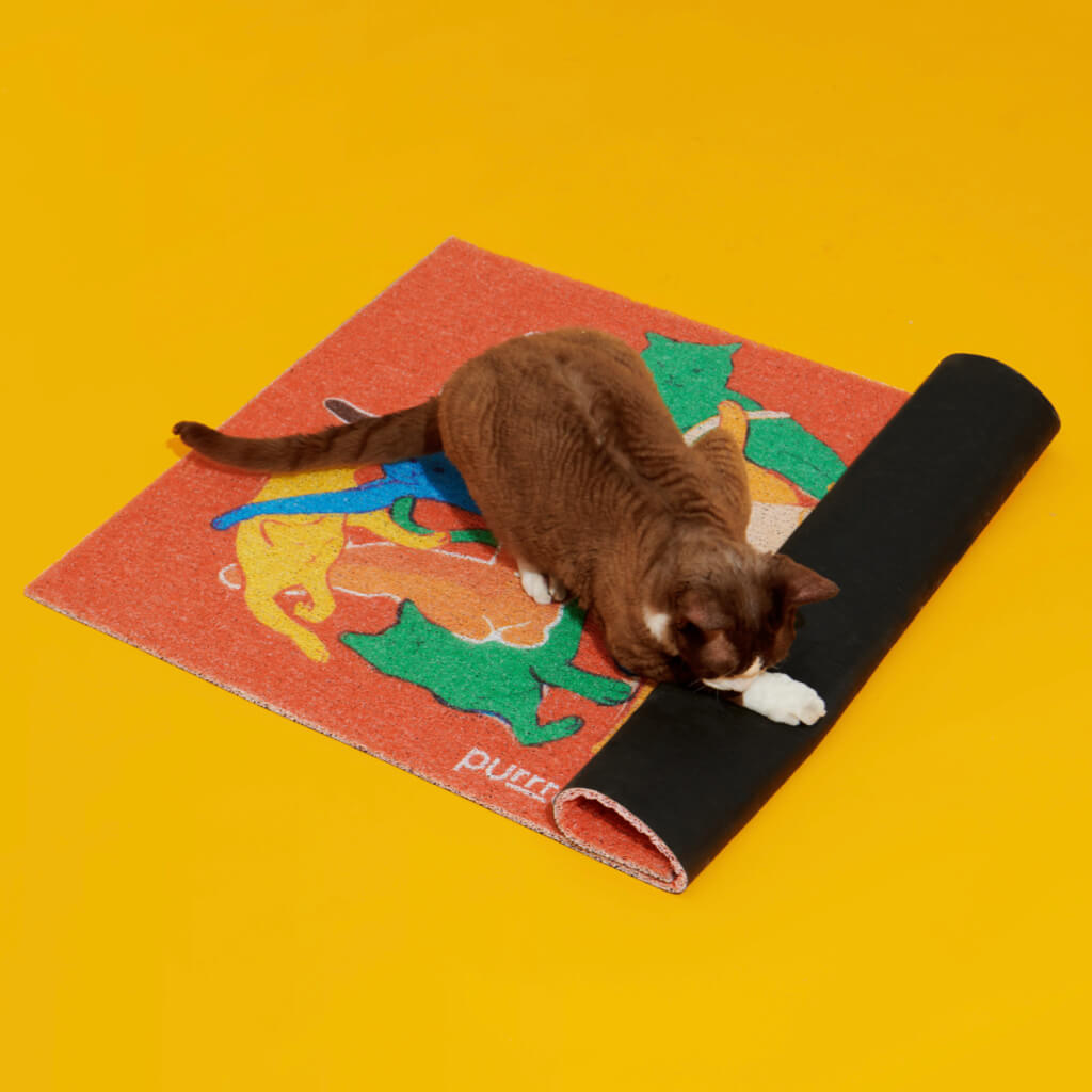 Cat playing with the Purrre Cat Illustration Floormat, showing the non-slip backing and flexible design.