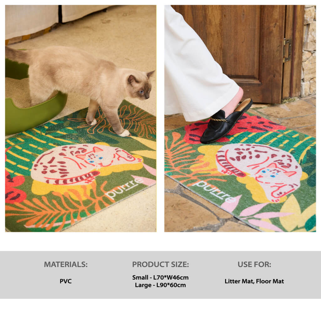  Side-by-side usage comparison: cat using the mat near litter box vs. person using it by a door – Purrre PVC jungle cat mat size chart included.