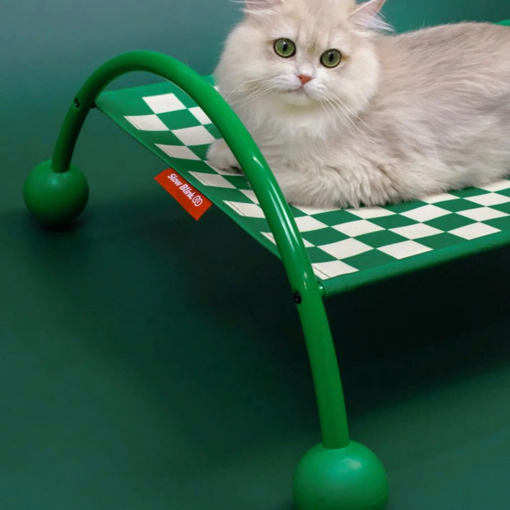 Elegant cream-colored cat relaxing on a green Memphis Maze cat hammock with checkerboard pattern.