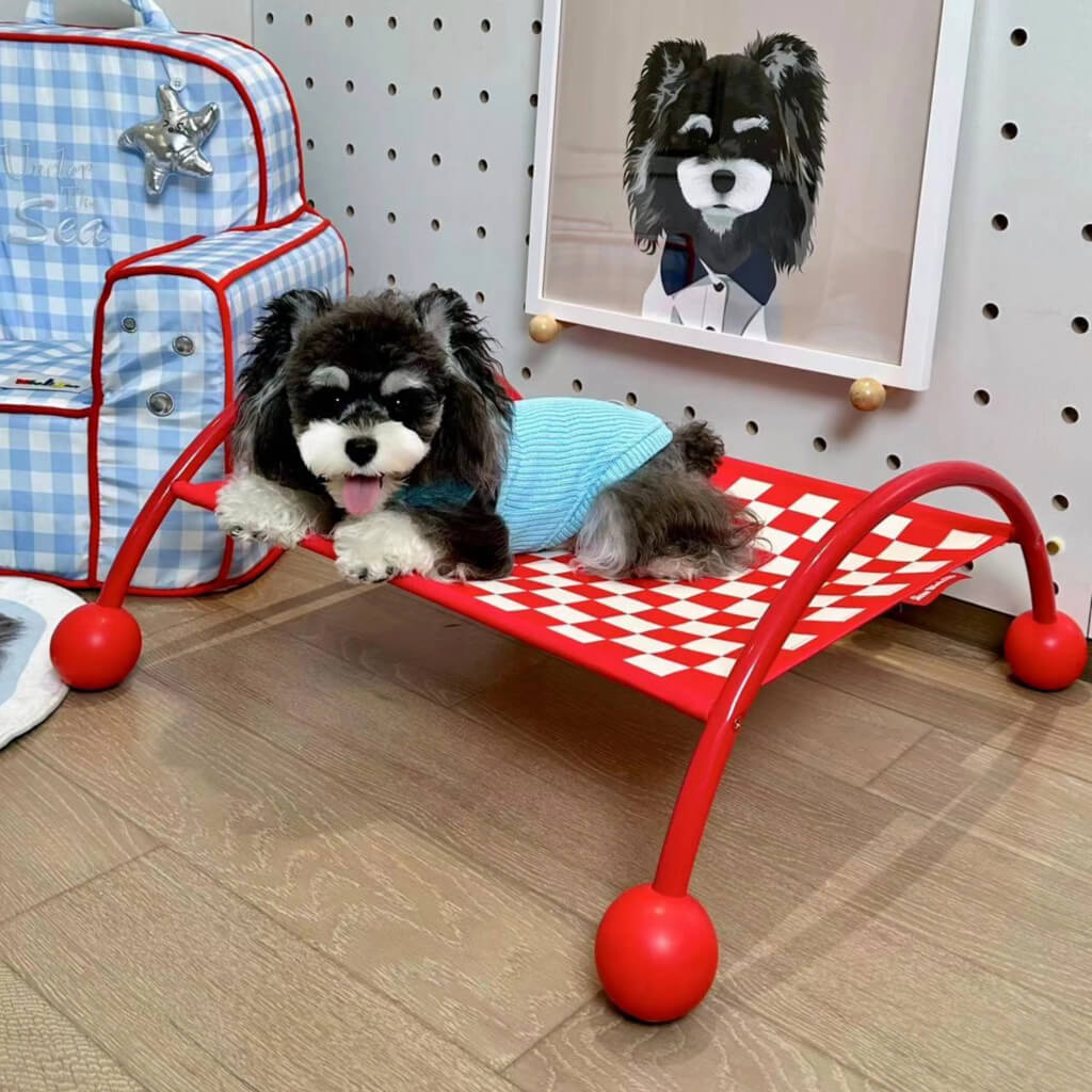 Red Memphis style cat hammock with a joyful small dog resting comfortably.