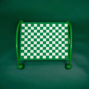 Green Memphis Maze cat hammock highlighted by its vibrant checkerboard pattern and solid green frame.
