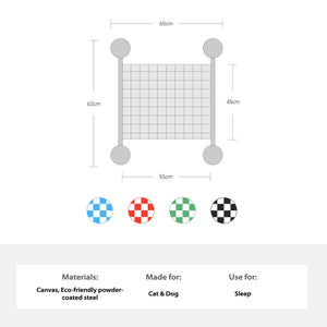 Technical illustration of the Memphis Maze cat hammock with dimensions and color options for optimal pet furniture choice.