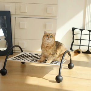 A British Shorthair cat testing the breathable black-and-white checkered pet hammock, designed for relaxation and cooling.