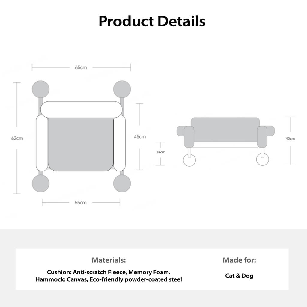Product dimensions and materials of the Memphis Style Elevated Cat Hammock & Sofa Bed – Designed with anti-scratch fleece, memory foam, and eco-friendly metal frame.