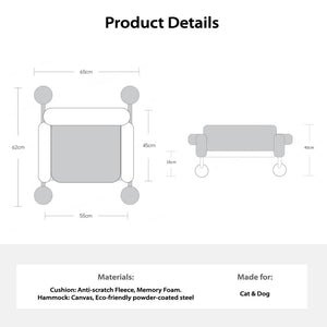 Product dimensions and materials of the Memphis Style Elevated Cat Hammock & Sofa Bed – Designed with anti-scratch fleece, memory foam, and eco-friendly metal frame.