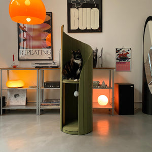 Time Travel Tower Cat Tree in Pine Green, featuring a modern spiral design and a cozy perch for cats, blending seamlessly into stylish home decor.