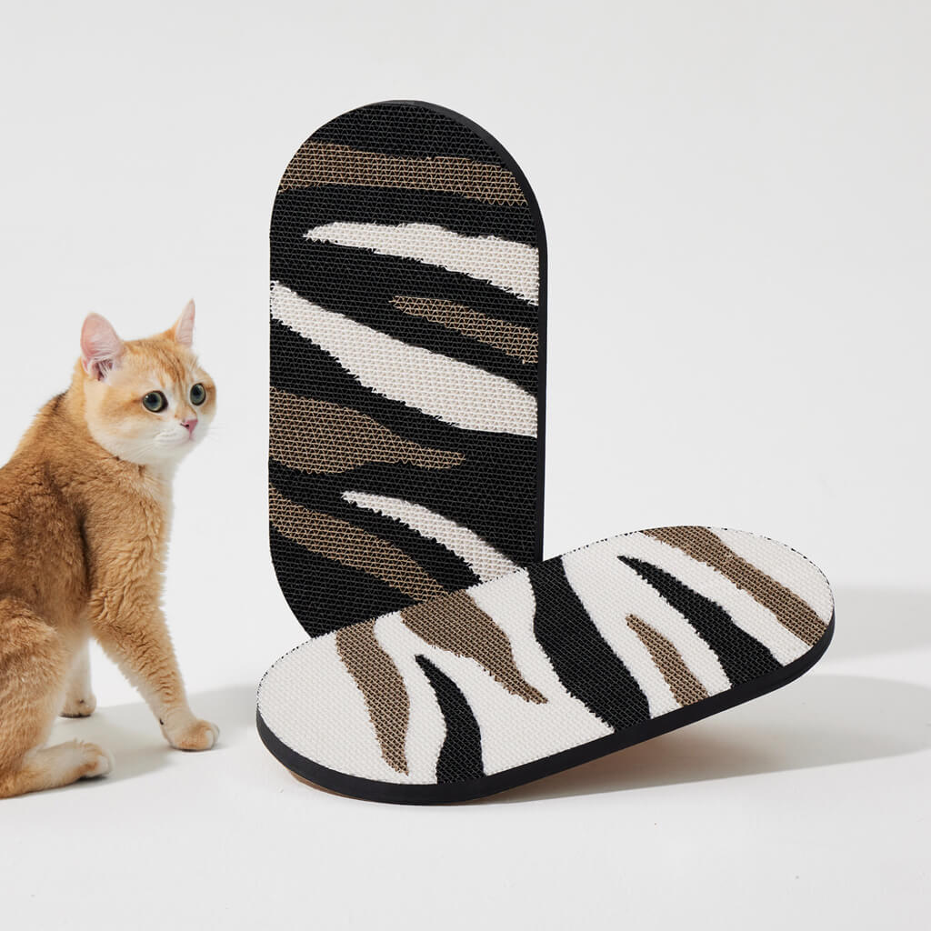 Cat posing next to the stylish Hand-Crafted Paper Art Cat Scratcher featuring an elegant Yin-Yang Tiger Pattern.