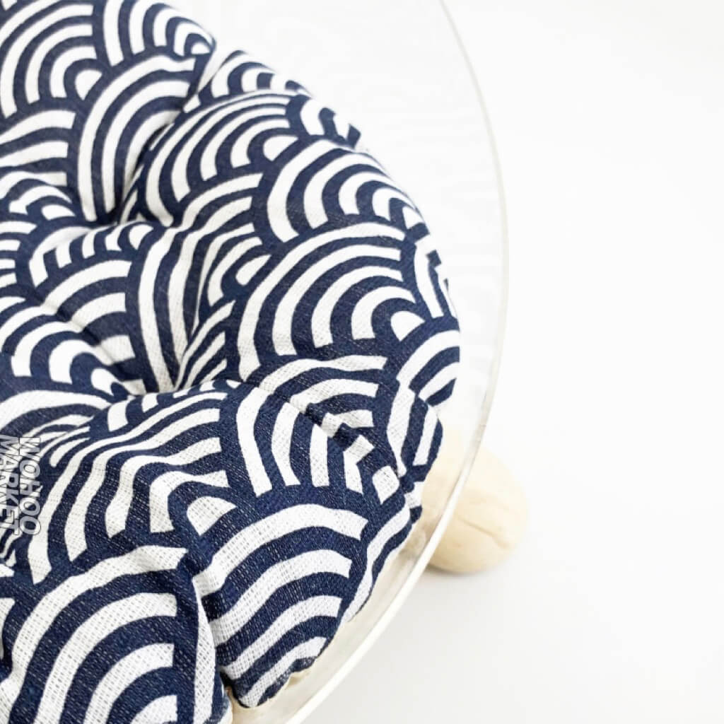 Close-up of blue and white Japanese-style wave cushion – breathable cotton-linen