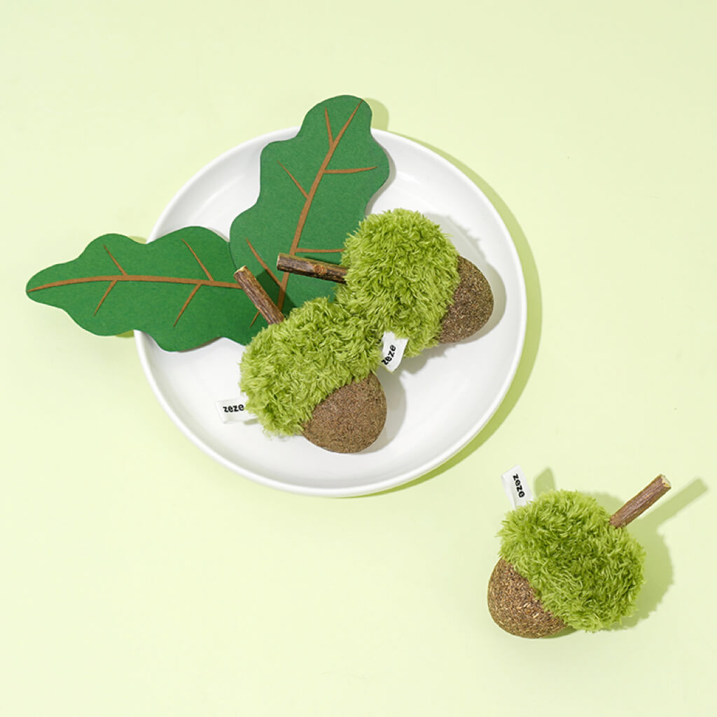 Top view of plush catnip acorn toys with green leaf props on a plate.
