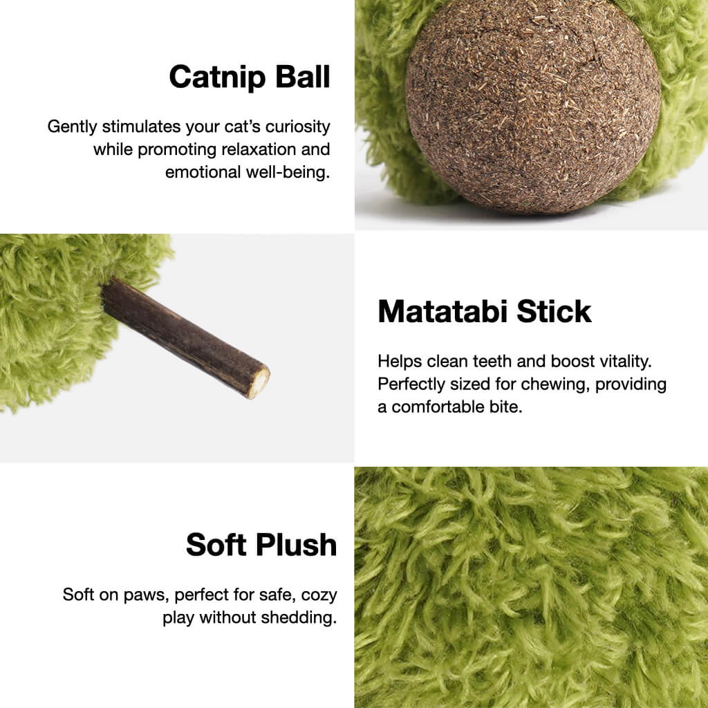 Close-up of ZEZE catnip acorn toy showing catnip ball, matatabi stick, and soft plush texture.