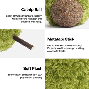 Close-up of ZEZE catnip acorn toy showing catnip ball, matatabi stick, and soft plush texture.
