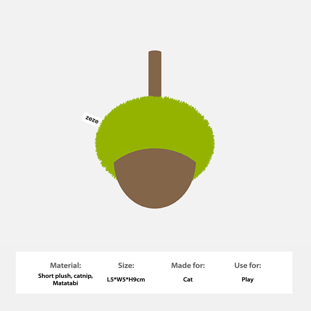 Simple graphic layout of ZEZE acorn cat toy with material and size details for e-commerce display.