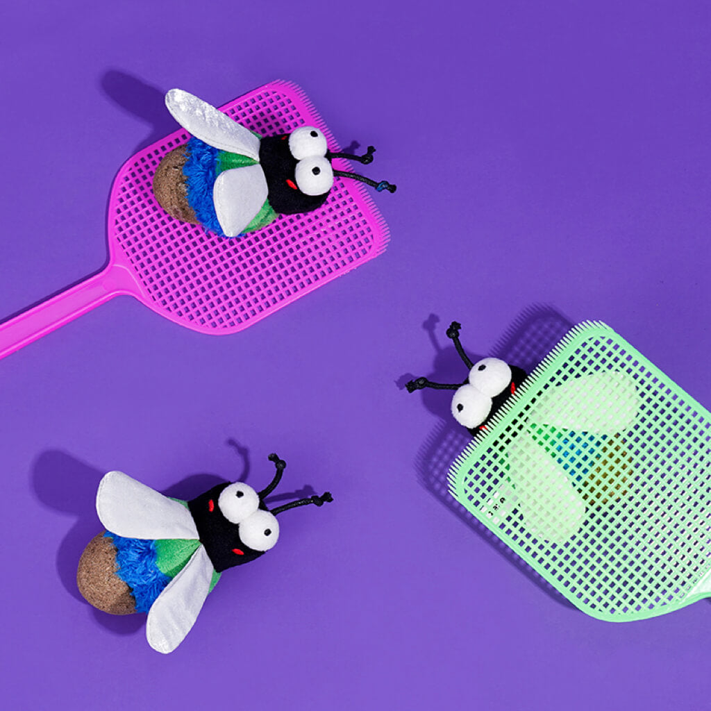 Catnip plush bug toys shown with colorful swatters, highlighting playful insect-inspired design.