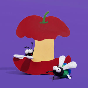 Catnip-filled plush bug toys placed creatively beside a red apple core cutout for display.