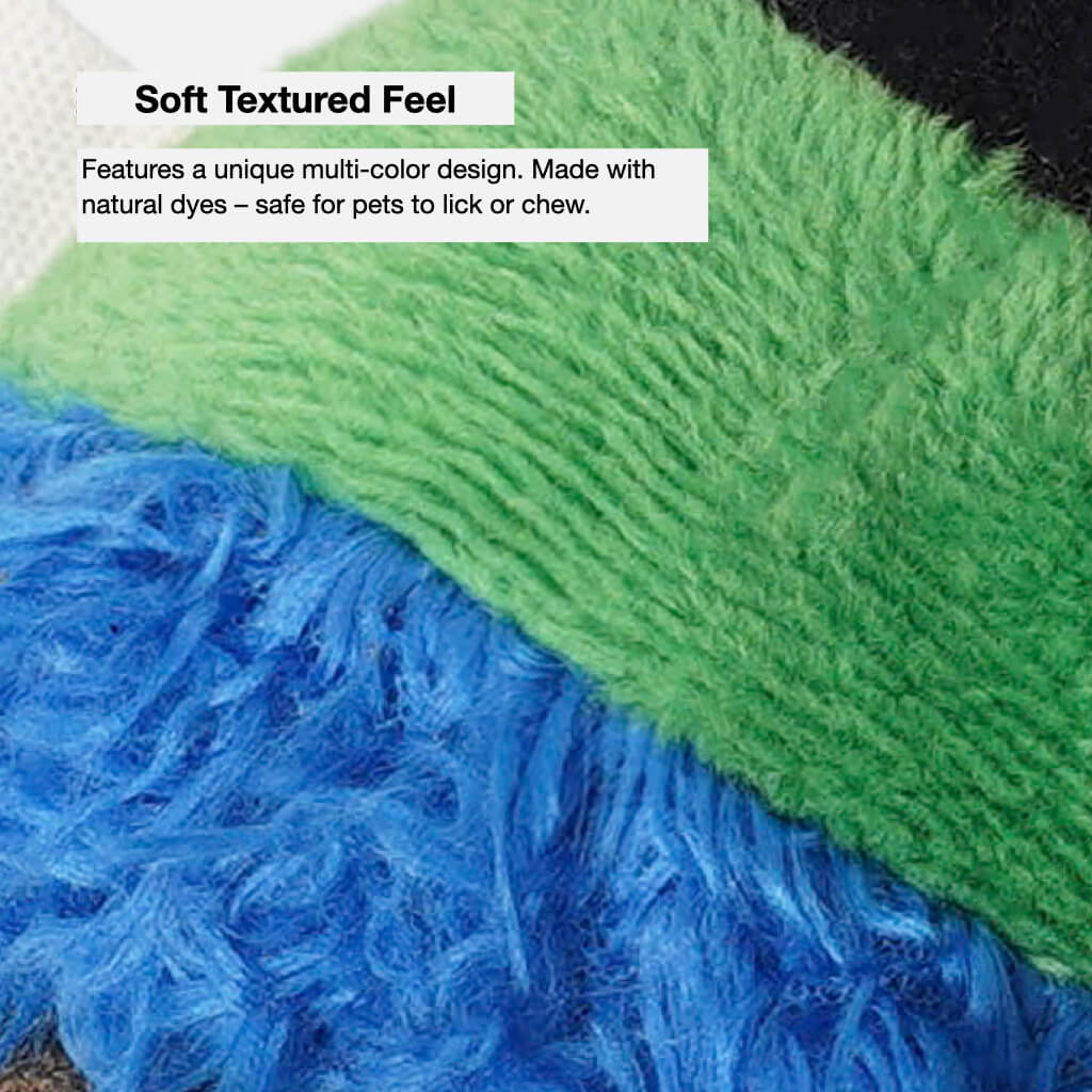 Vibrant multicolor plush fabric detail on catnip fly toy, made with pet-safe natural dyes.