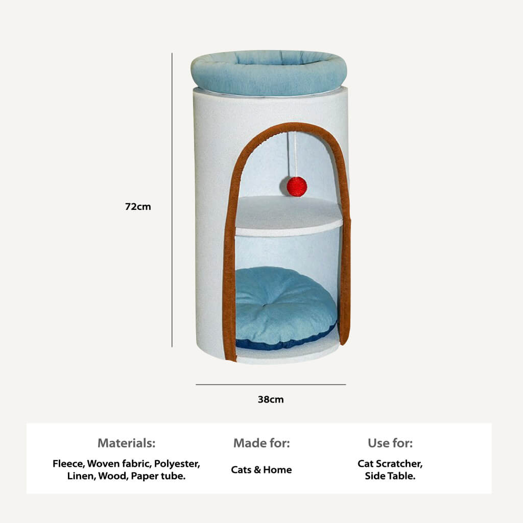 Dimension guide of Denim Cat Tower showing 72cm height and 38cm width, with labeled materials including fleece, woven fabric, polyester, linen, wood, and paper tube — designed as a multi-purpose cat scratcher and side table for modern homes.