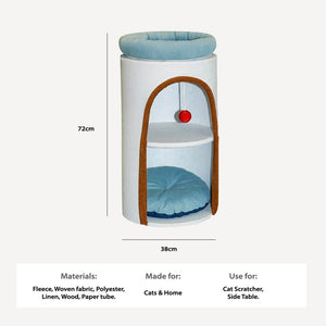 Dimension guide of Denim Cat Tower showing 72cm height and 38cm width, with labeled materials including fleece, woven fabric, polyester, linen, wood, and paper tube — designed as a multi-purpose cat scratcher and side table for modern homes.