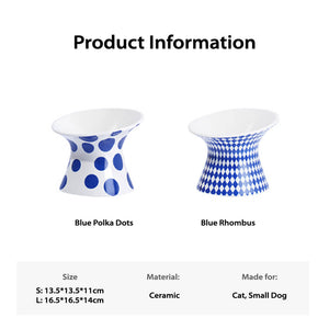 Product information for ZEZE Elevated Ceramic Bowls - Blue Polka Dots and Blue Rhombus, available in two sizes.