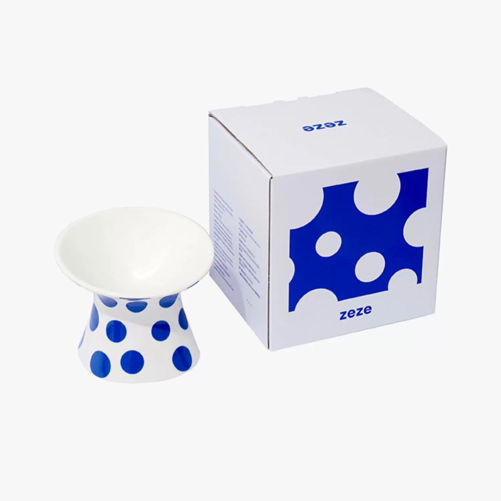 ZEZE Elevated Ceramic Bowl in Blue Polka Dots with branded packaging box.