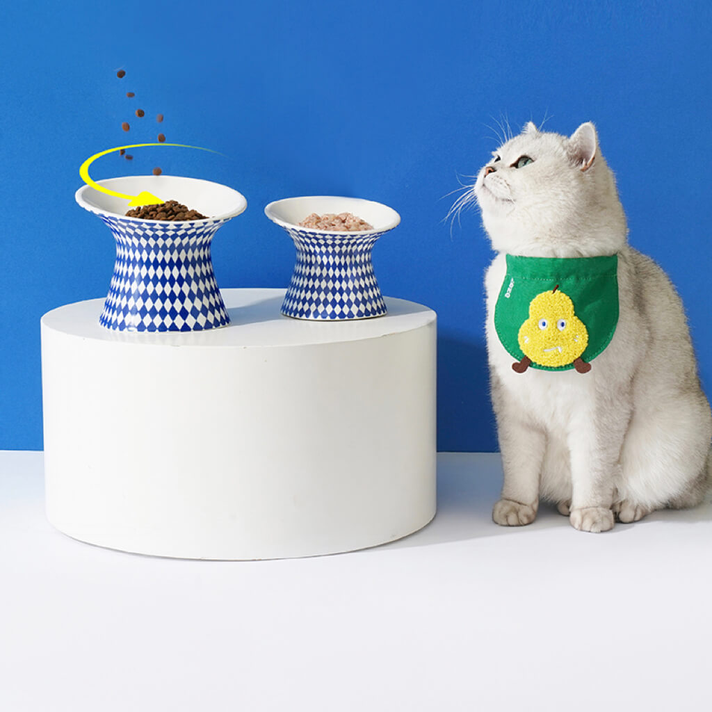 Cat next to ZEZE Elevated Ceramic Bowls - Blue Rhombus and Blue Polka Dots, filled with dry and wet food.