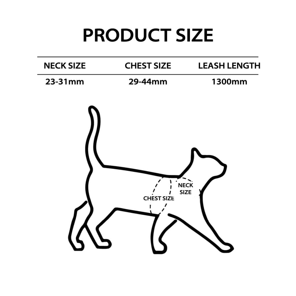 Harness size chart illustration for cats – neck, chest, and leash measurements for proper fit.