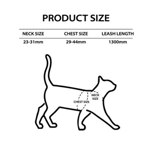 Harness size chart illustration for cats – neck, chest, and leash measurements for proper fit.