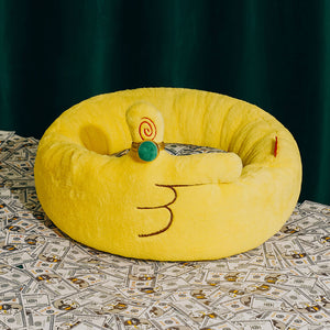 Yellow ZEZE Meowney Plush Pet Bed with unique hand-shape design and creative dollar bill print cushion for luxurious pet comfort.