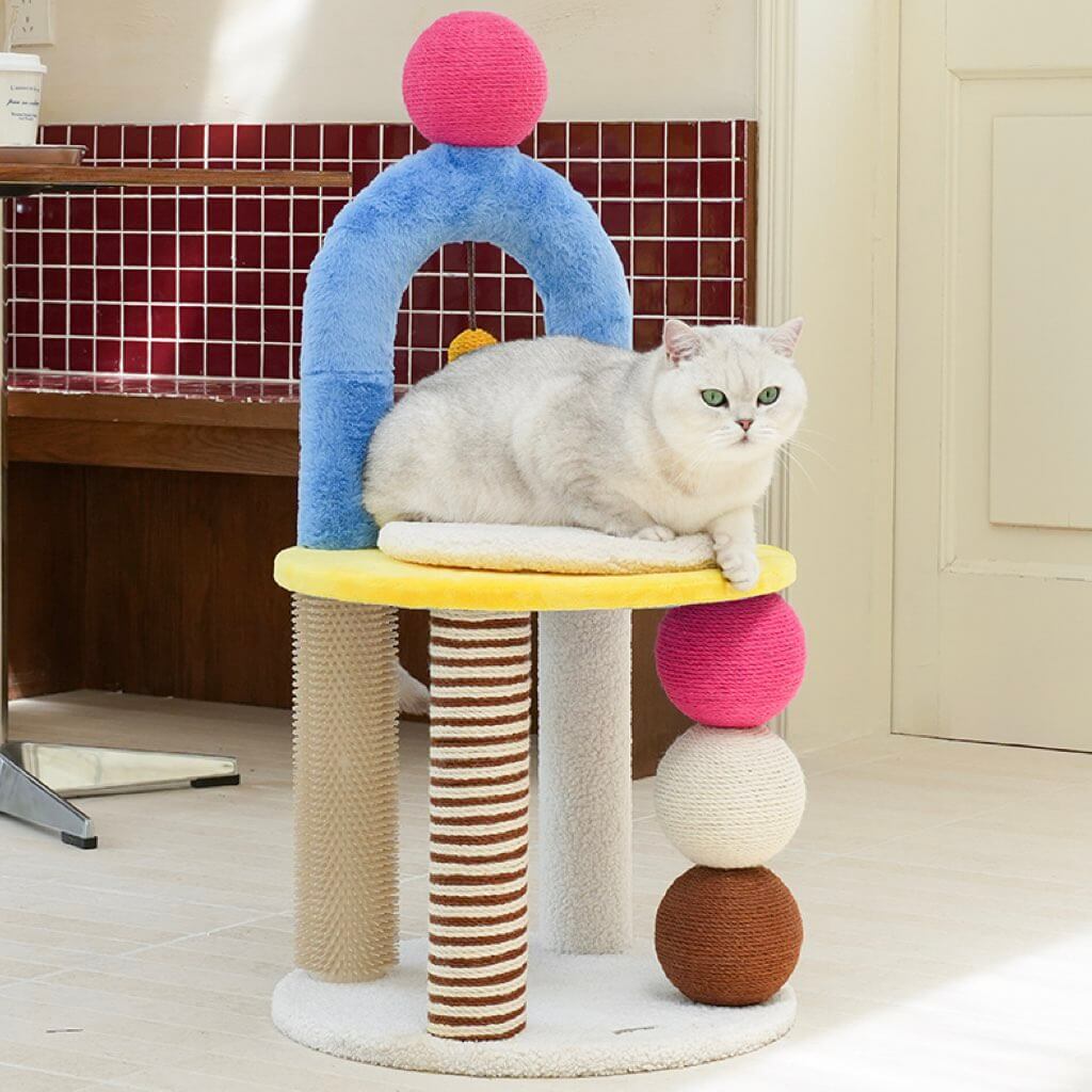 Cat lounging on PlayPop Geometric Cat Tree with colorful modern design and multiple scratch posts