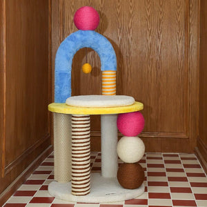 PlayPop Geometric Cat Tree with bold colors and varied scratching textures for cats