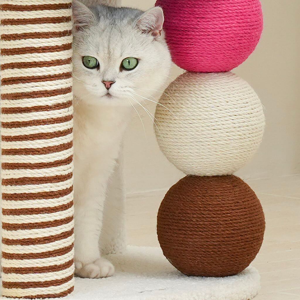 Close-up of cat peeking from behind colorful ball-shaped scratch posts on PlayPop Cat Tree