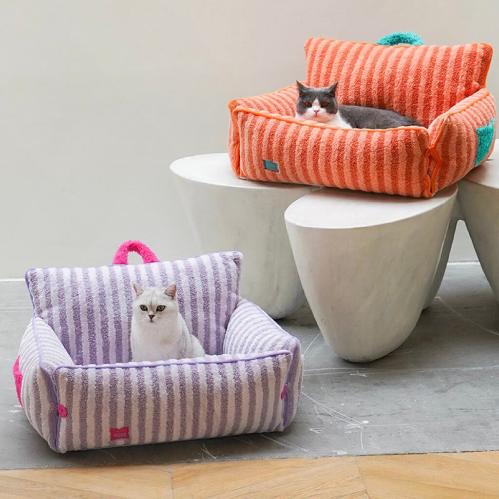 Cat in purple striped plush cat bed with backrest – cozy sofa-style lounger for cats and small dogs.