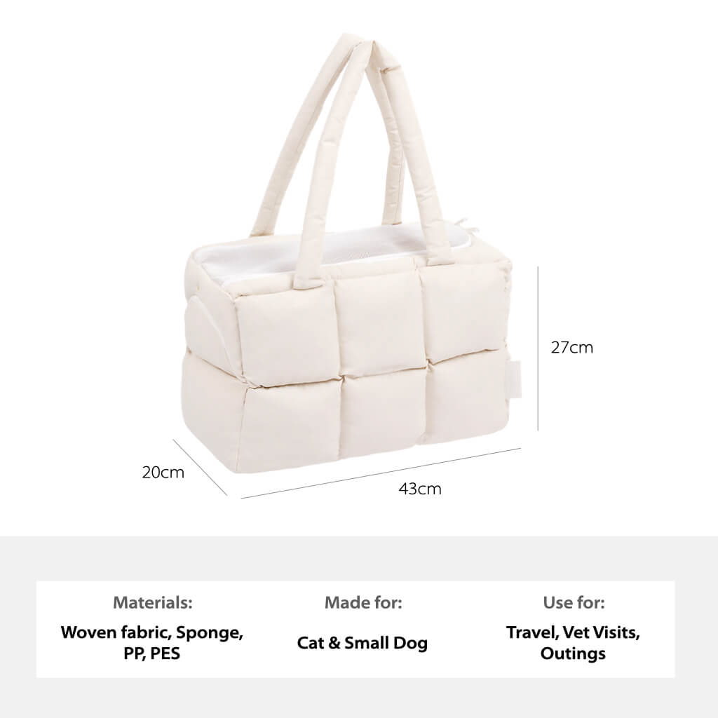 Product dimensions and material details of the ZEZE Quilted Puffer Pet Carrier, ideal for travel, vet visits, and outings with small pets.
