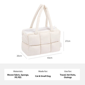 Product dimensions and material details of the ZEZE Quilted Puffer Pet Carrier, ideal for travel, vet visits, and outings with small pets.