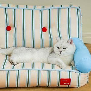 White British Shorthair cat lounging on striped mini sofa with armrest – ZEZE pet furniture