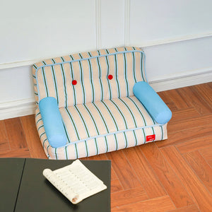 ZEZE pet sofa on wooden floor next to a white wall, striped fabric with button details