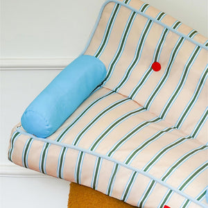 Detailed view of soft fabric and armrest on retro striped ZEZE cat and dog sofa