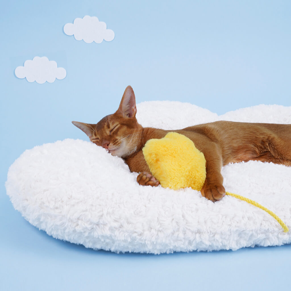 Cat snuggling with the soft yellow star on the cloud-shaped pet bed, enjoying the cozy texture.