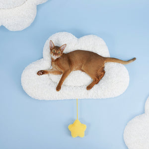 Cat relaxing on the Soft Cloud Pet Bed with a view of the cloud-like design and the dangling star toy.