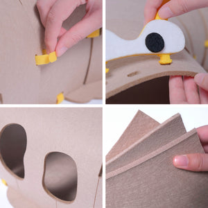 Assembly details of the Design Cat Felt Tunnel Toy showing durable felt material and easy setup.