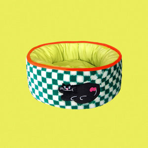  Green and white checker pattern cat bed with a cat design, featuring a plush lime green interior for extra comfort.