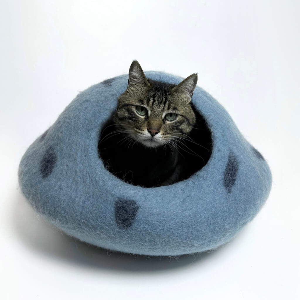 Wool Felt Cat Cave | Modern Cat Hideaway | Ocean Blue Cat Bed – Pewos