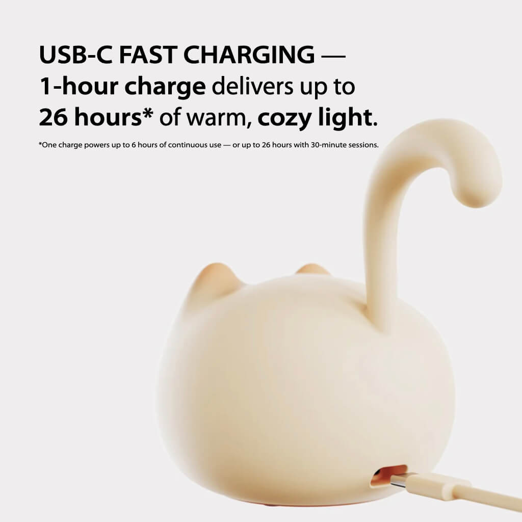 Cat Silhouette Tap Night Light USB-C fast charging — 1-hour charge, up to 26 hours runtime; cordless, portable night lamp.