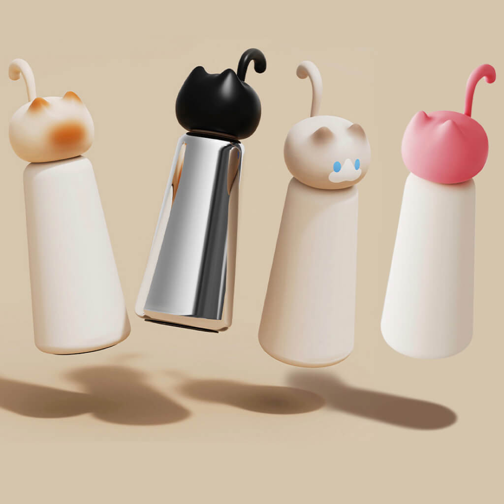 Cute Cat Insulated Water Bottle 500ml — four styles, vacuum insulated thermos with silicone cat-head lids and tail handles.