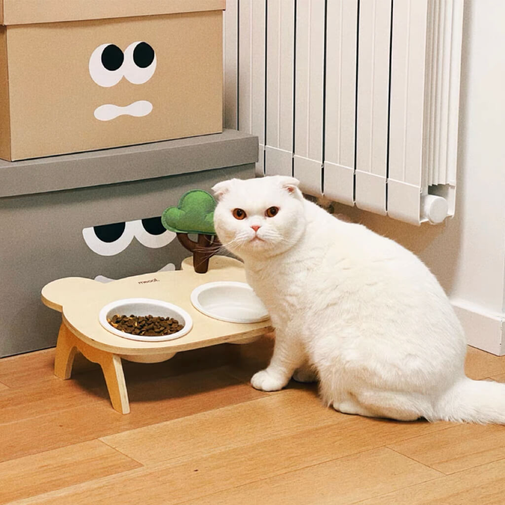 White cat eating from the Daisy Flower Standing Pet Bowl, showcasing the elevated feeding platform.